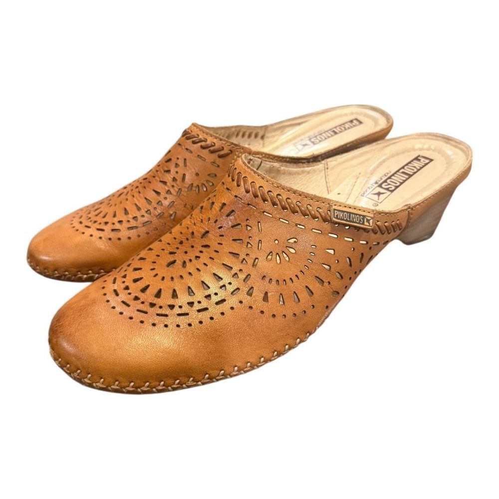 Pikolinos Leather Mule Clogs Brown Perforated Heeled Slip On EU 38 - Picture 10 of 11